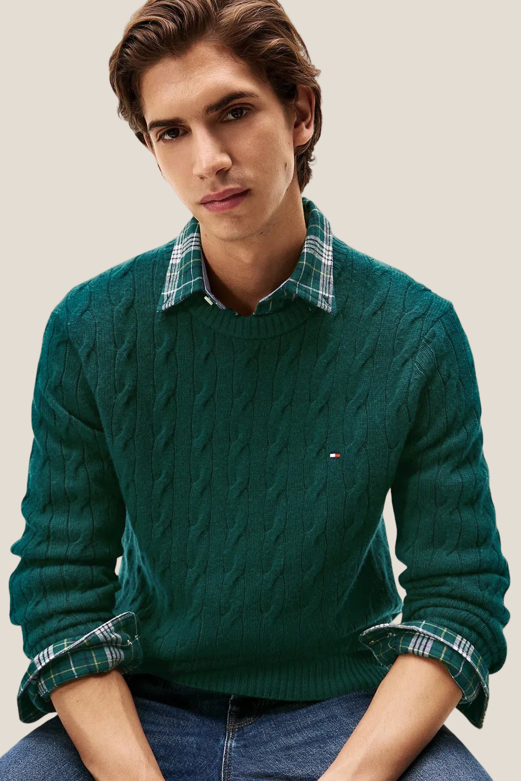 Maglione Girocollo In Lana Intrecciata Con Logo Bandierina Ricamato