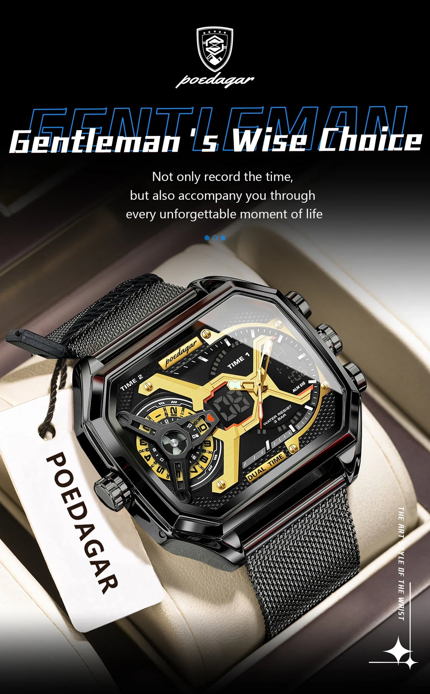 POEDAGAR Tactical Dual Display Chronograph Watch