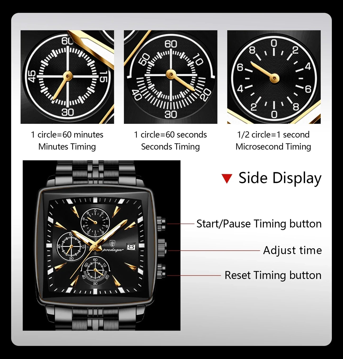 POEDAGAR Prestige Square Chronograph Watch