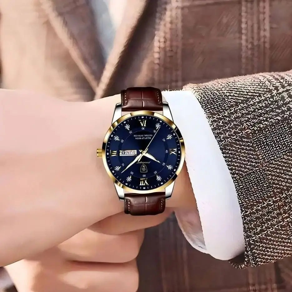 POEDAGAR Klassische Tag-Datum Lederuhr