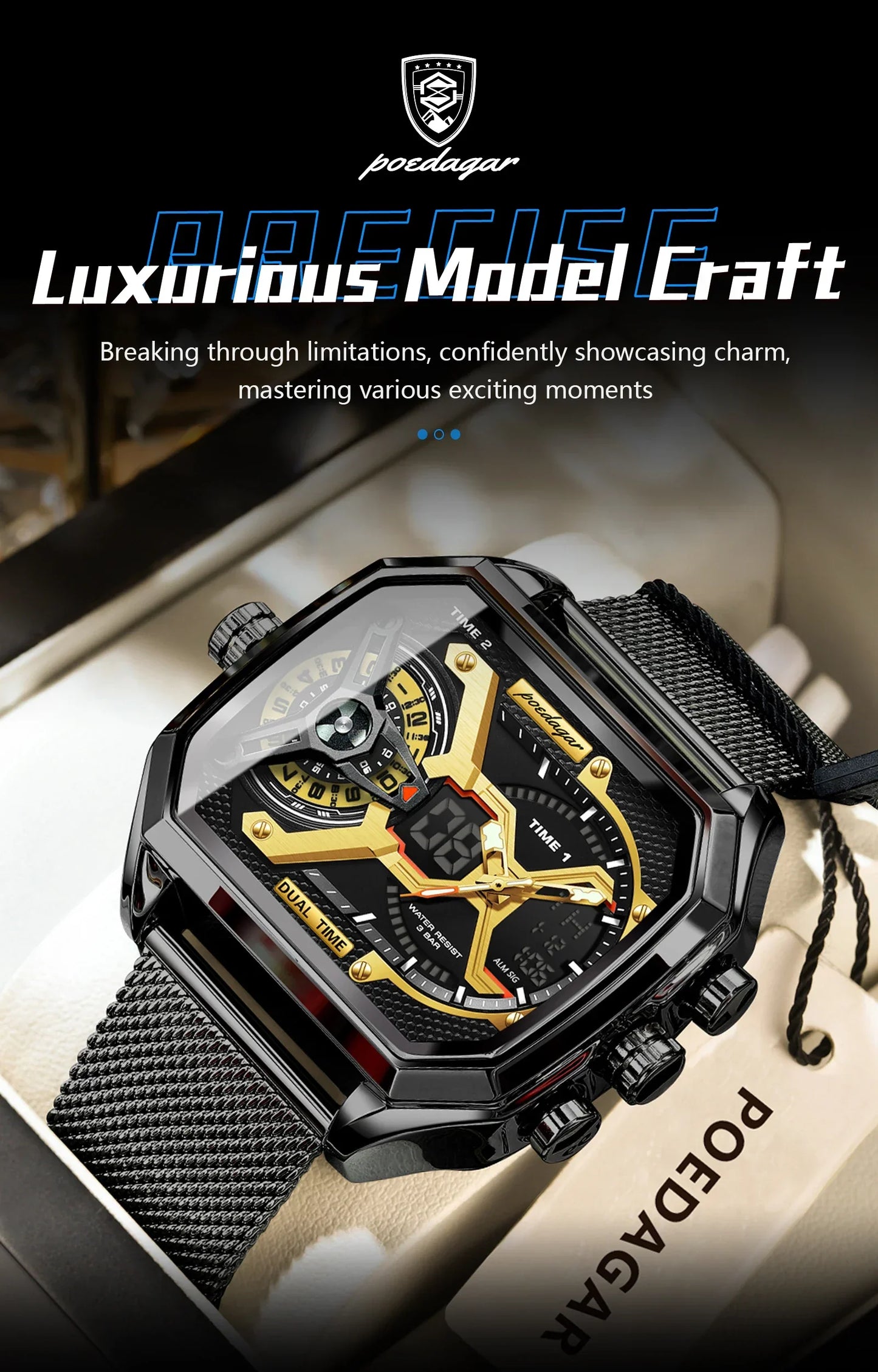 POEDAGAR Tactical Dual Display Chronograph Watch