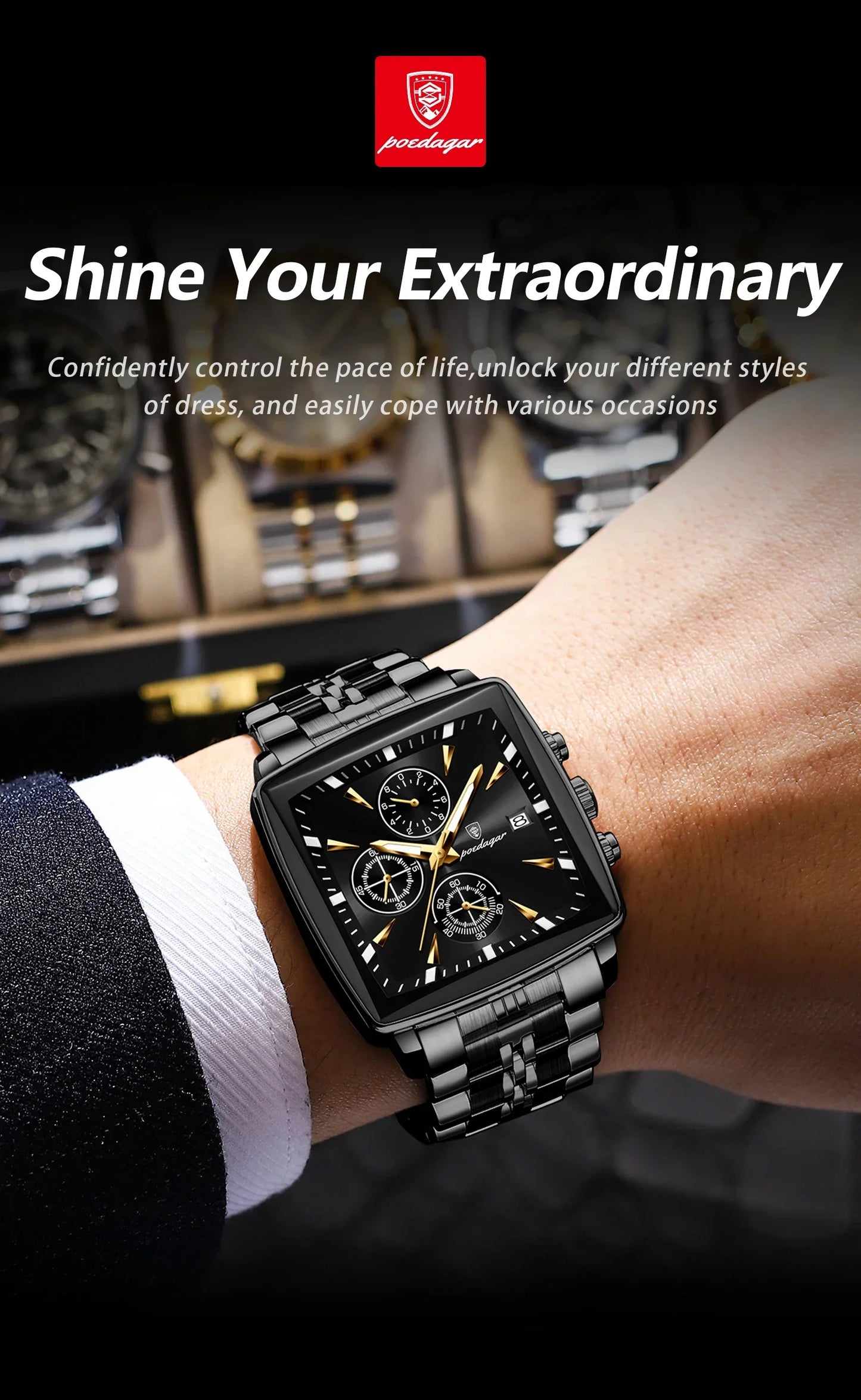 POEDAGAR Prestige Square Chronograph Watch