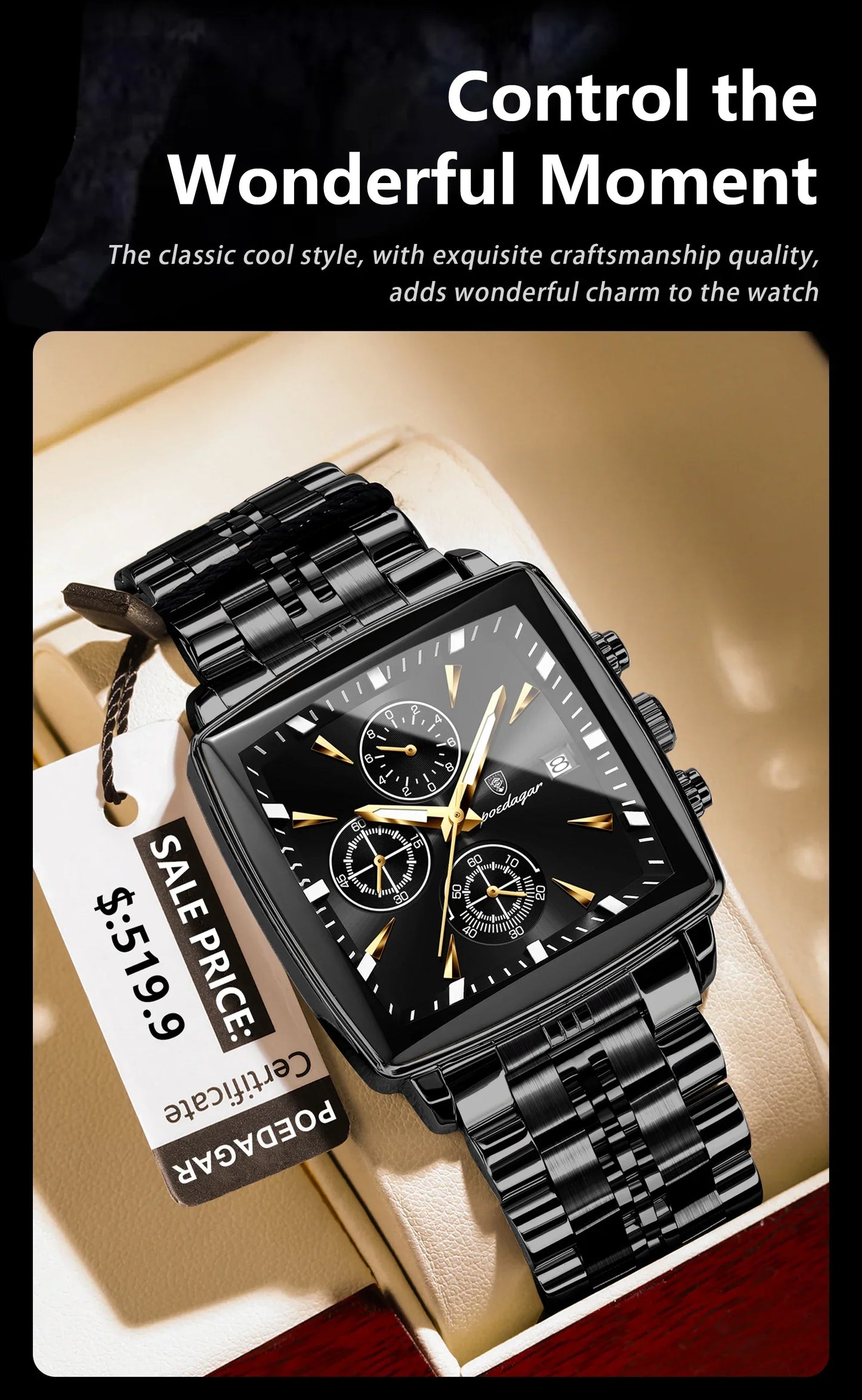 POEDAGAR Prestige Square Chronograph Watch