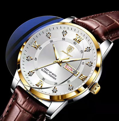 POEDAGAR Klassische Tag-Datum Lederuhr
