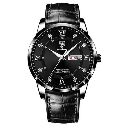 POEDAGAR Klassische Tag-Datum Lederuhr