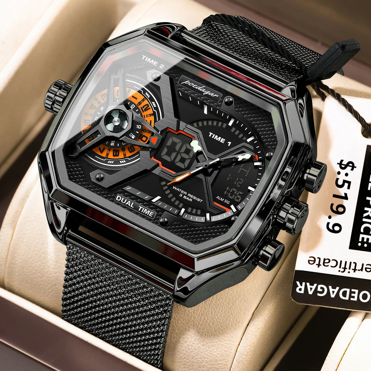 POEDAGAR Tactical Dual Display Chronograph Watch