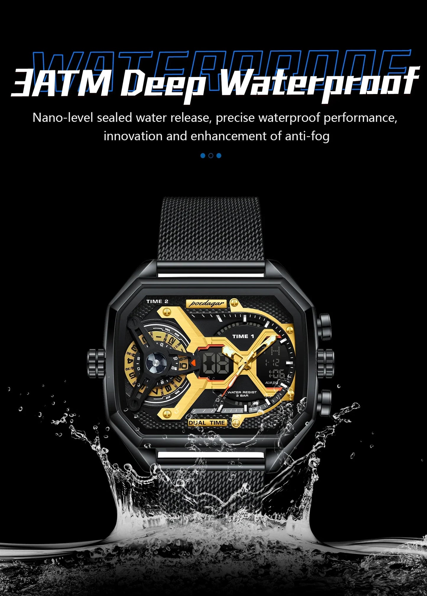 POEDAGAR Tactical Dual Display Chronograph Watch