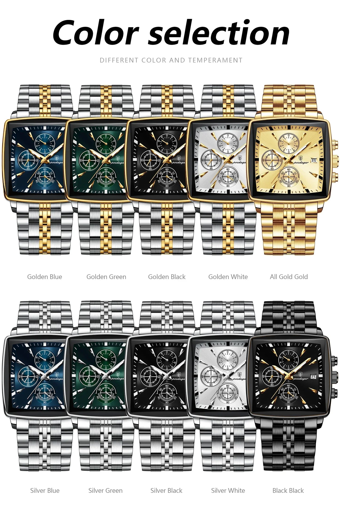 POEDAGAR Prestige Square Chronograph Watch