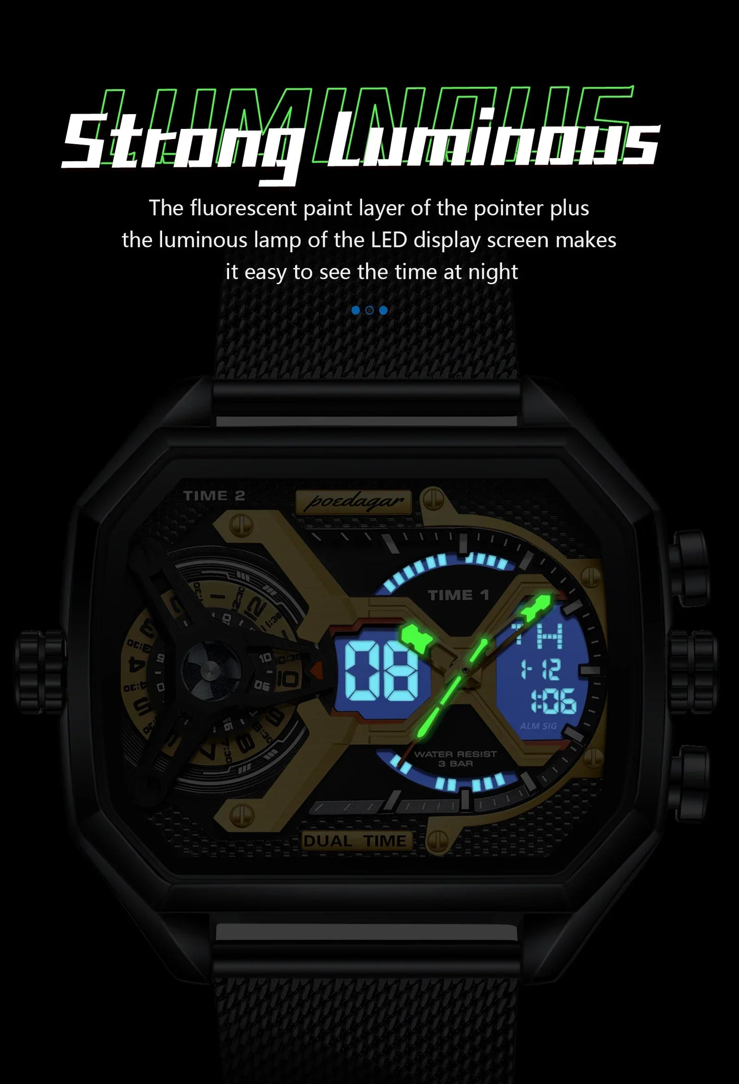 POEDAGAR Tactical Dual Display Chronograph Watch