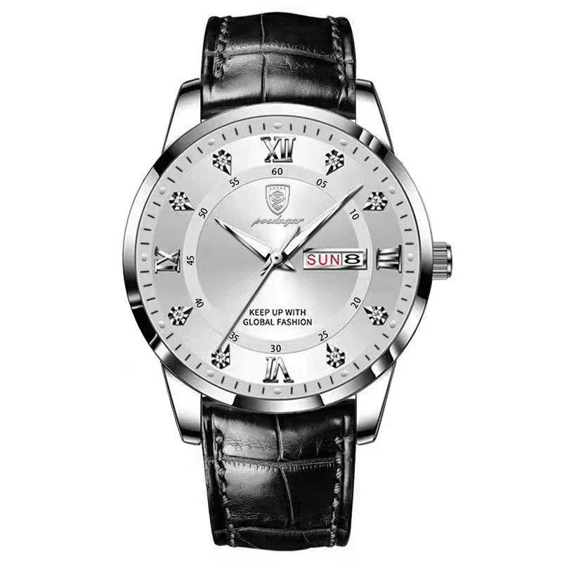 POEDAGAR Klassische Tag-Datum Lederuhr