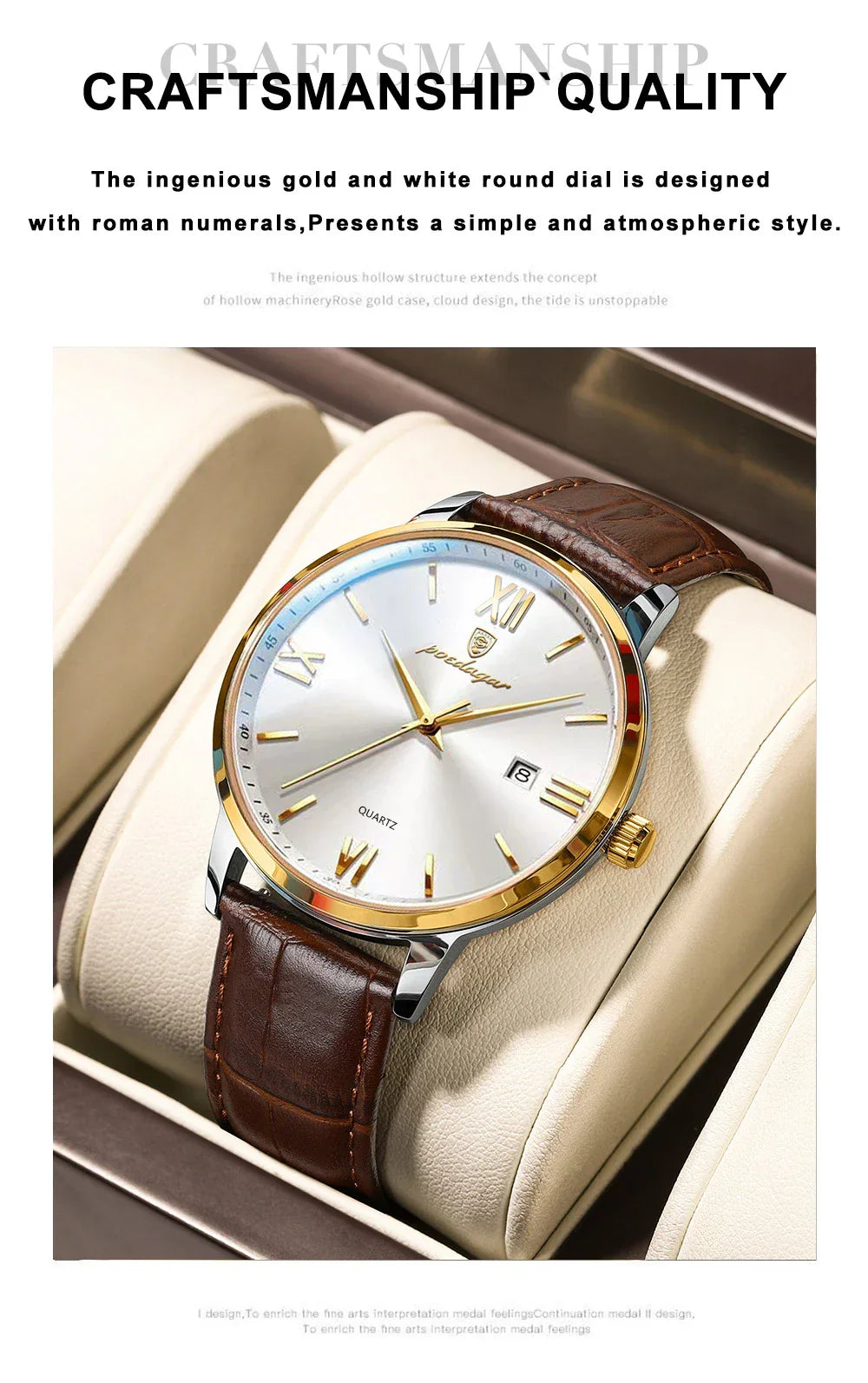 POEDAGAR Minimal Date Leather Watch