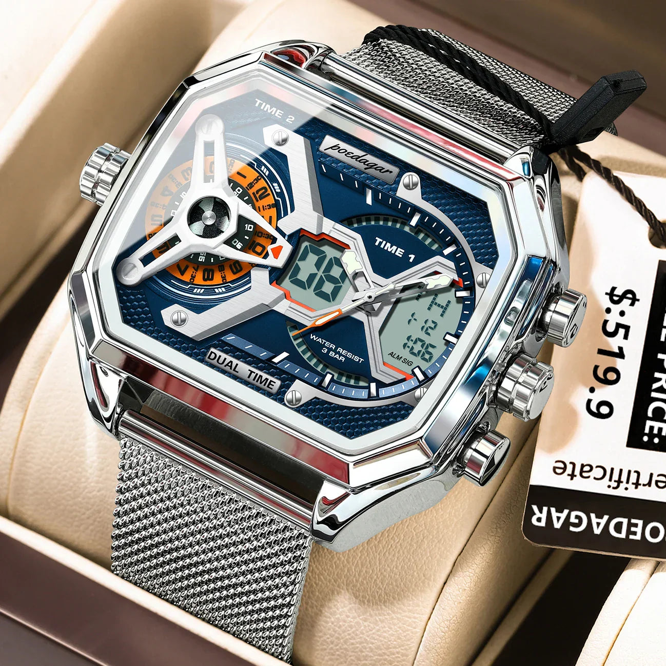 POEDAGAR Tactical Dual Display Chronograph Watch