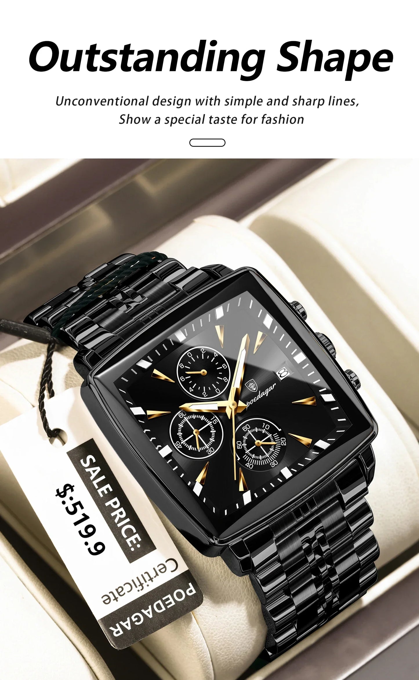 POEDAGAR Square Steel Watch