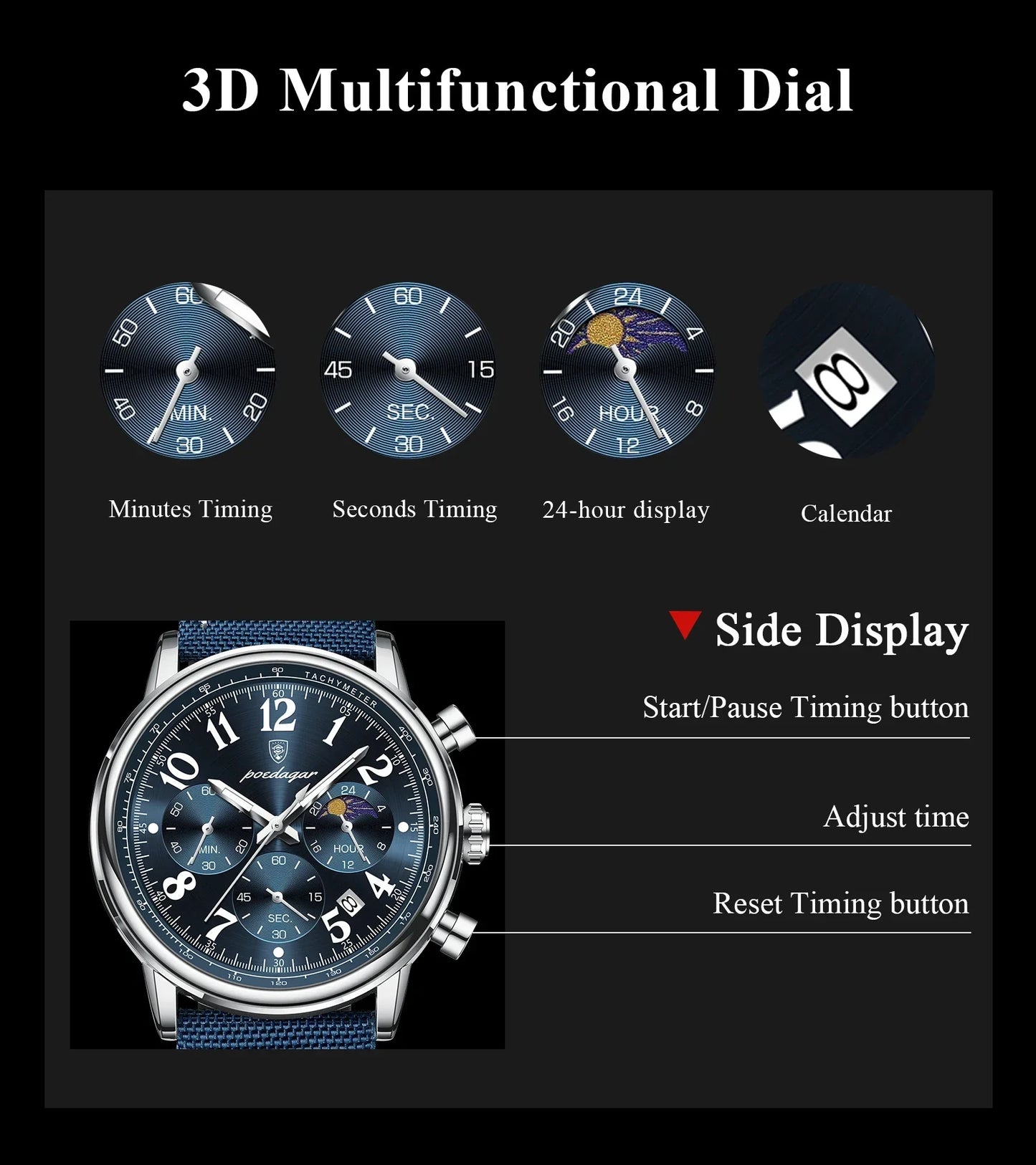 POEDAGAR Tactical Chronograph Watch
