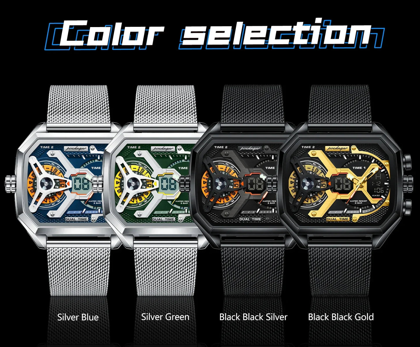 POEDAGAR Tactical Dual Display Chronograph Watch