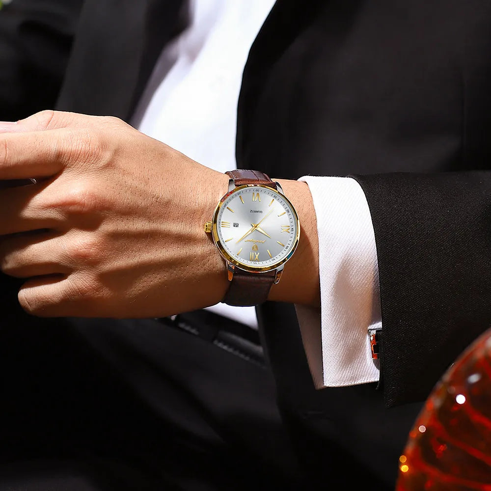 POEDAGAR Minimal Date Leather Watch