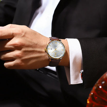 POEDAGAR Minimal Date Leather Watch
