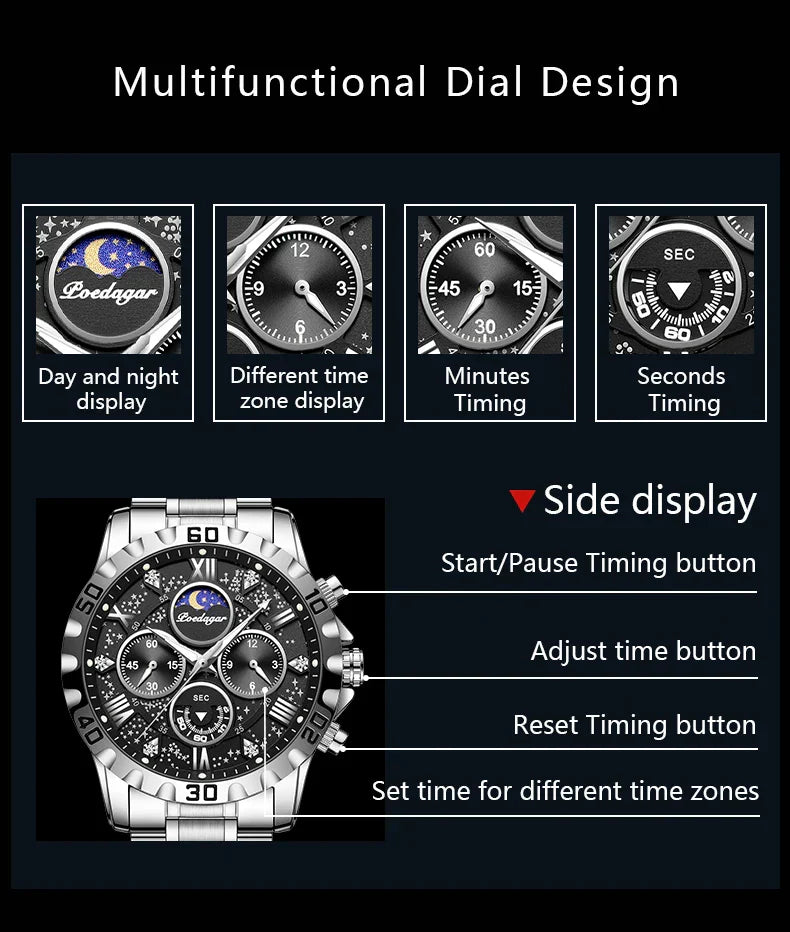 POEDAGAR Chrono Steel Watch
