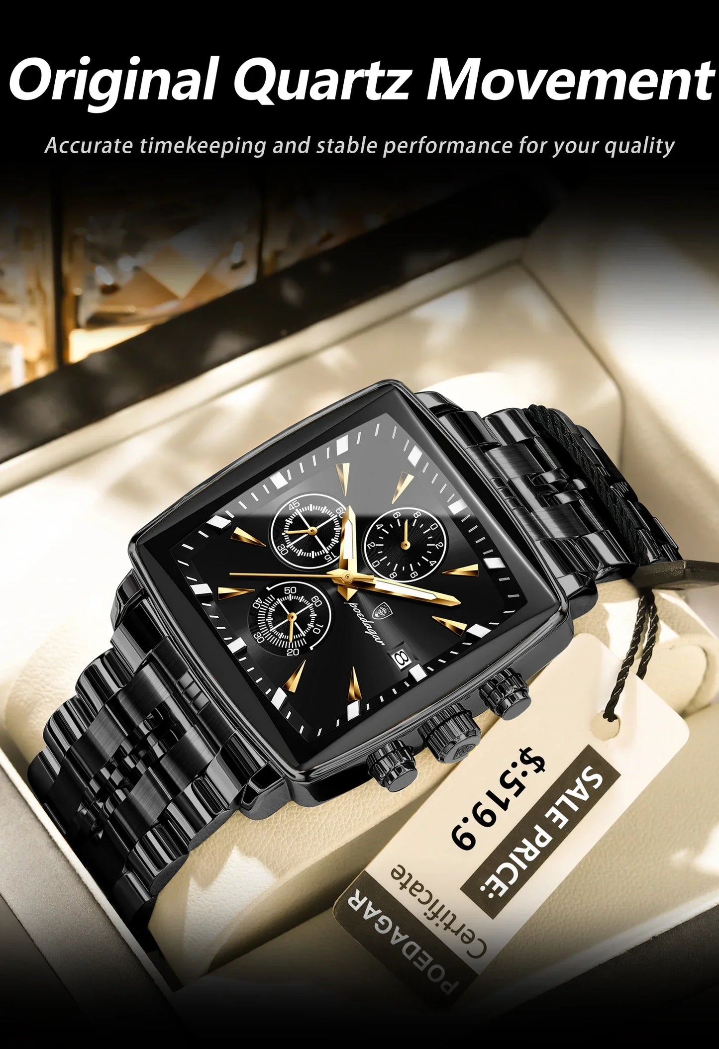 POEDAGAR Square Steel Watch