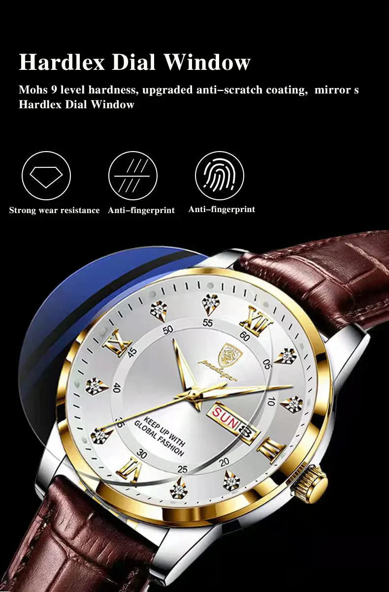 POEDAGAR Klassische Tag-Datum Lederuhr