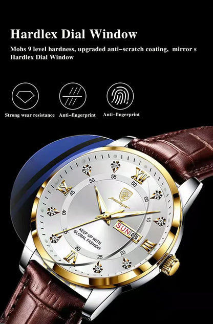 POEDAGAR Klassische Tag-Datum Lederuhr