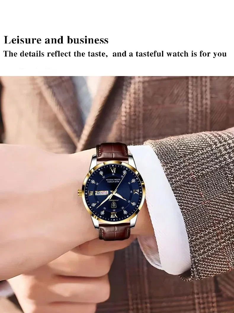 POEDAGAR Klassische Tag-Datum Lederuhr