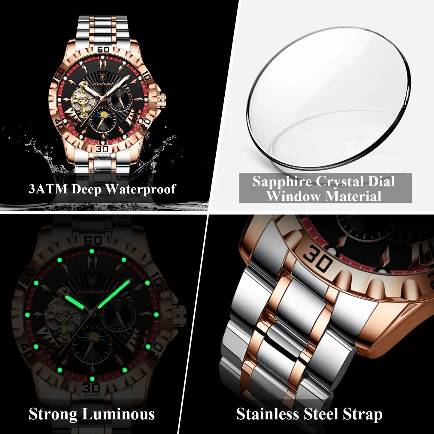 POEDAGAR Prestige Automatic Skeleton Sport Watch