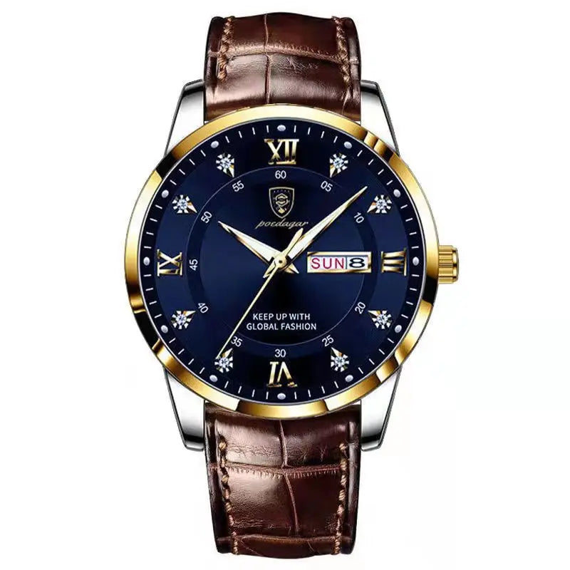 POEDAGAR Klassische Tag-Datum Lederuhr