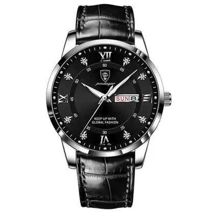 POEDAGAR Klassische Tag-Datum Lederuhr