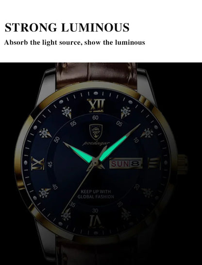 POEDAGAR Klassische Tag-Datum Lederuhr
