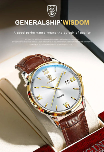 POEDAGAR Minimal Date Leather Watch