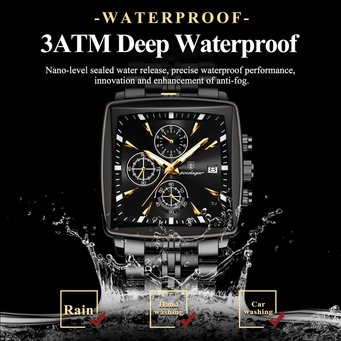 POEDAGAR Square Steel Watch