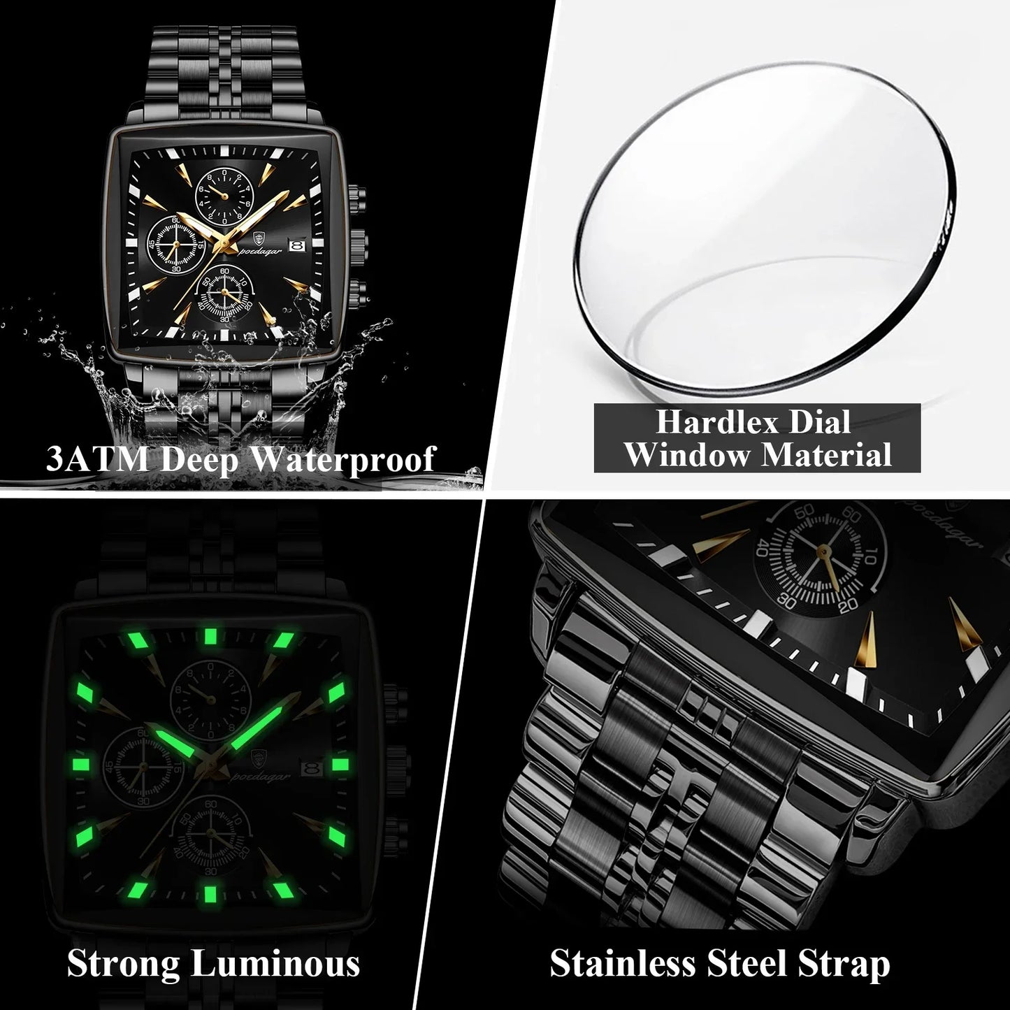 POEDAGAR Prestige Square Chronograph Watch