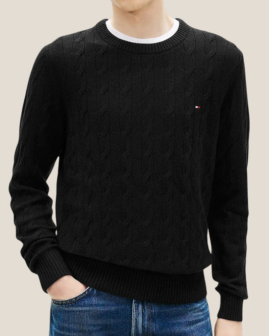 Maglione Girocollo In Lana Intrecciata Con Logo Bandierina Ricamato