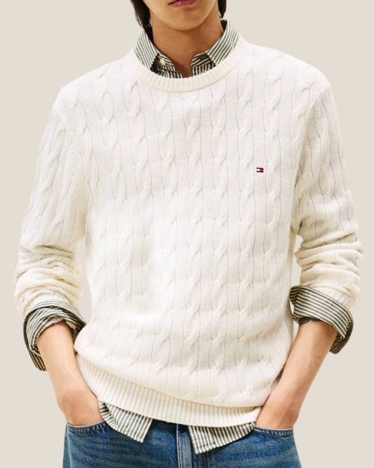 Maglione Girocollo In Lana Intrecciata Con Logo Bandierina Ricamato