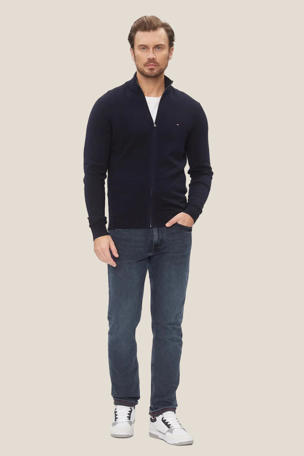 Cardigan Full Zip In Misto Cashmere Con Logo Bandierina Ricamato